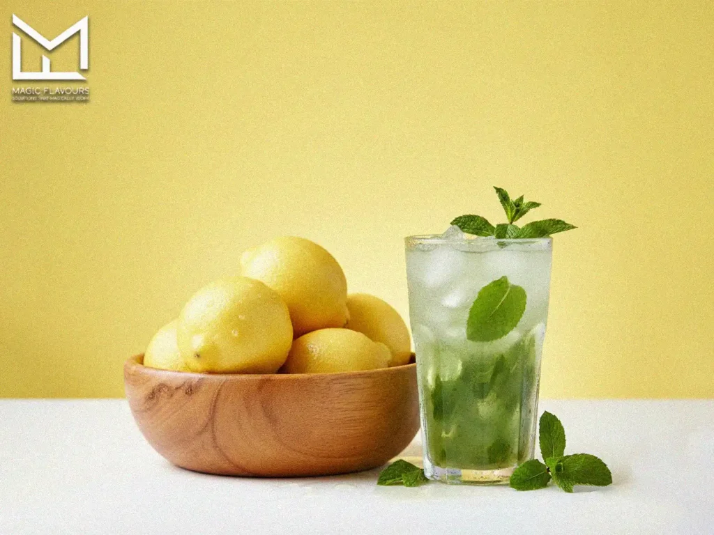 lemon mint flavour: lemona in a bowl and mint in glass of water