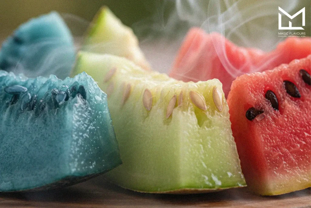 slices of melon, blue melon, and watermelon