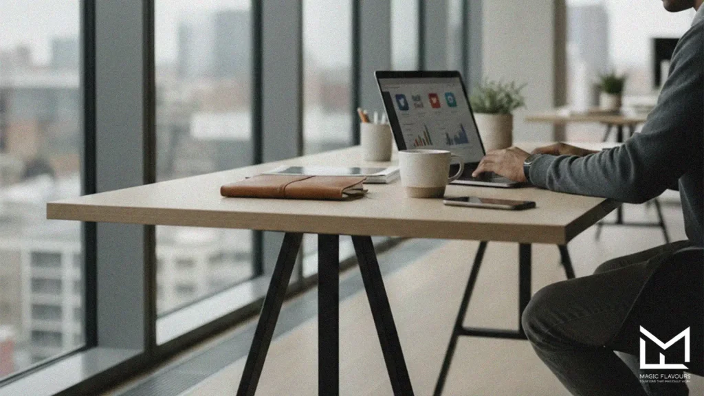 a man sitting behind his work desk working with his laptop 