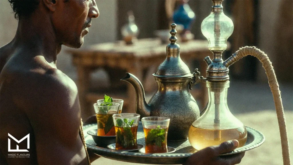 young african man enjoying the tea and hookah 