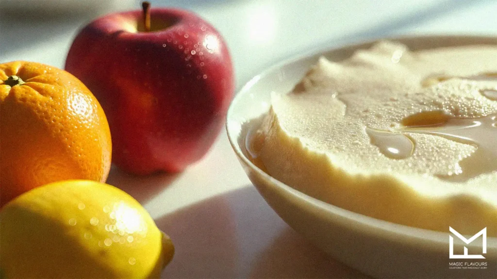 red apple, orange, and lemon beside the dish of dessert 