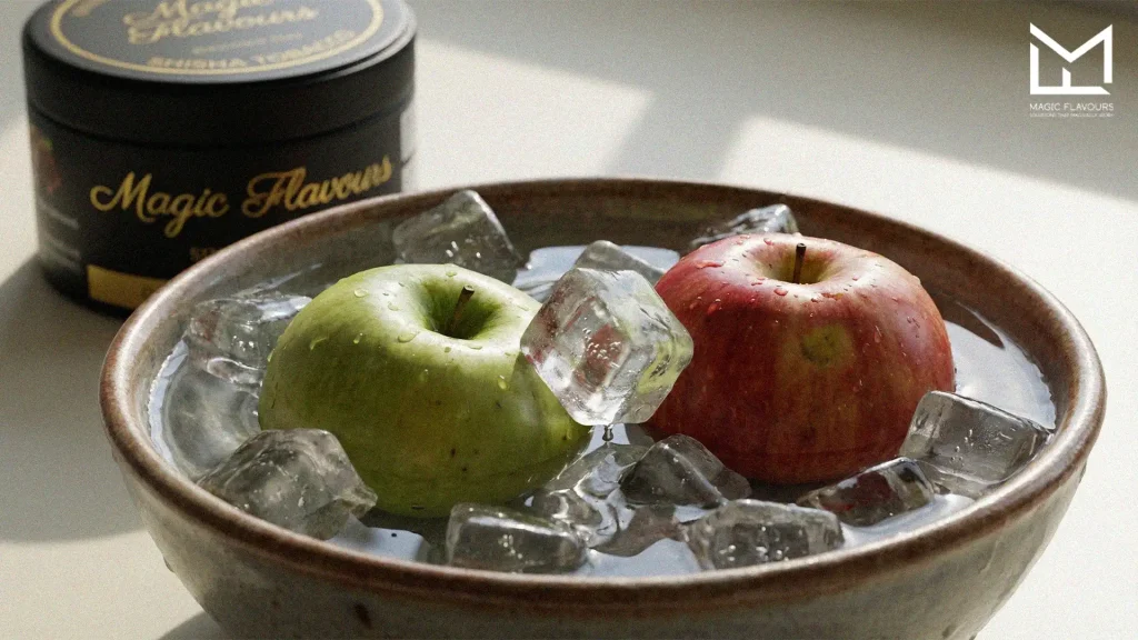 green apple and red apple in the bowl of ice 