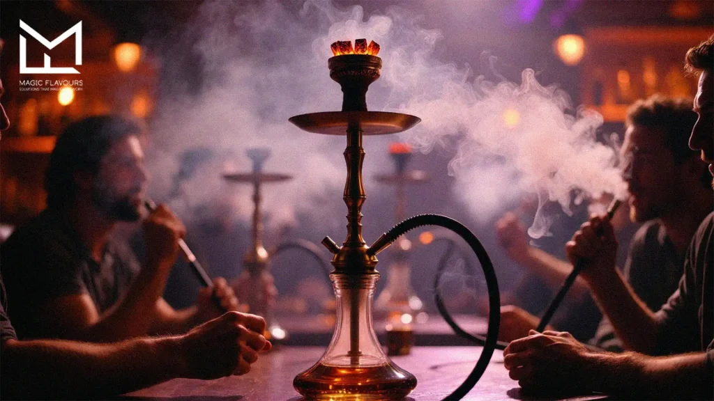 young people enjoying the hookah session in cafe