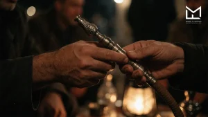 Customer holding a traditional shisha hose in Morocco