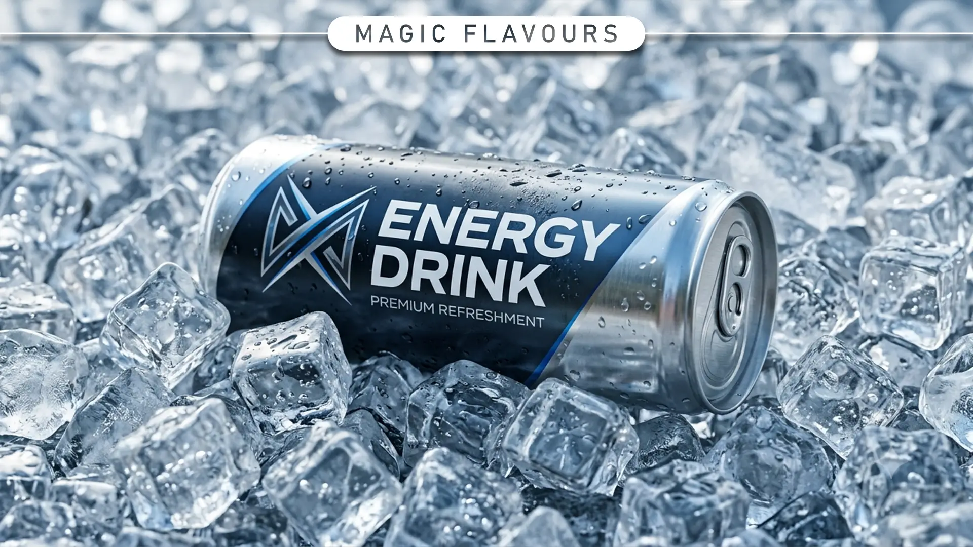Can of energy drink representing the energy drink shisha flavor with ice cubes.