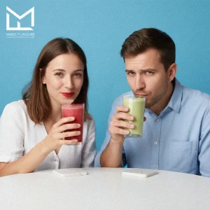 color and taste perception: 2 person drinking smoothies