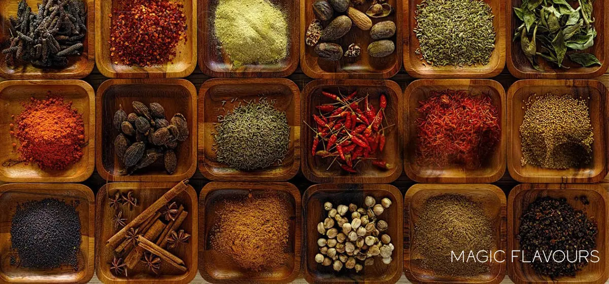 different flavors like pepper and mint in the wooden box