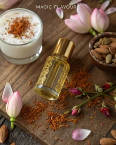 A bottle of essence placed beside other flowers