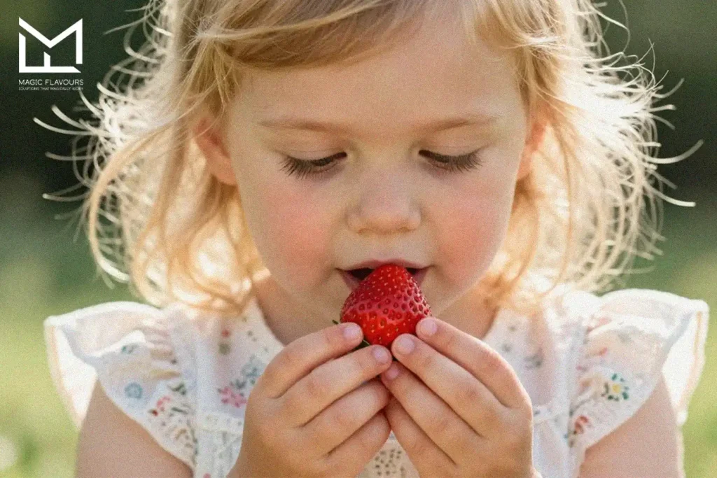 strawberry fruit in the hands of a little girl