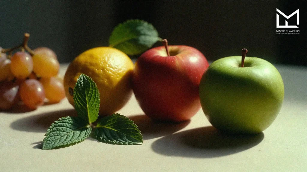 green apple, red apple, lemon, and grape 