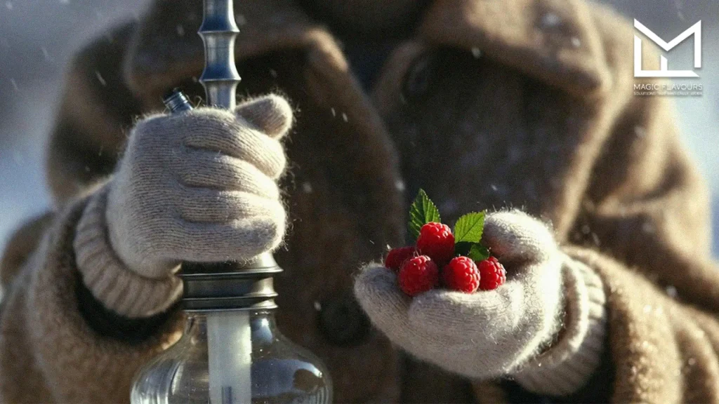 woman holding the hookah in one hand and raspberry in other hand