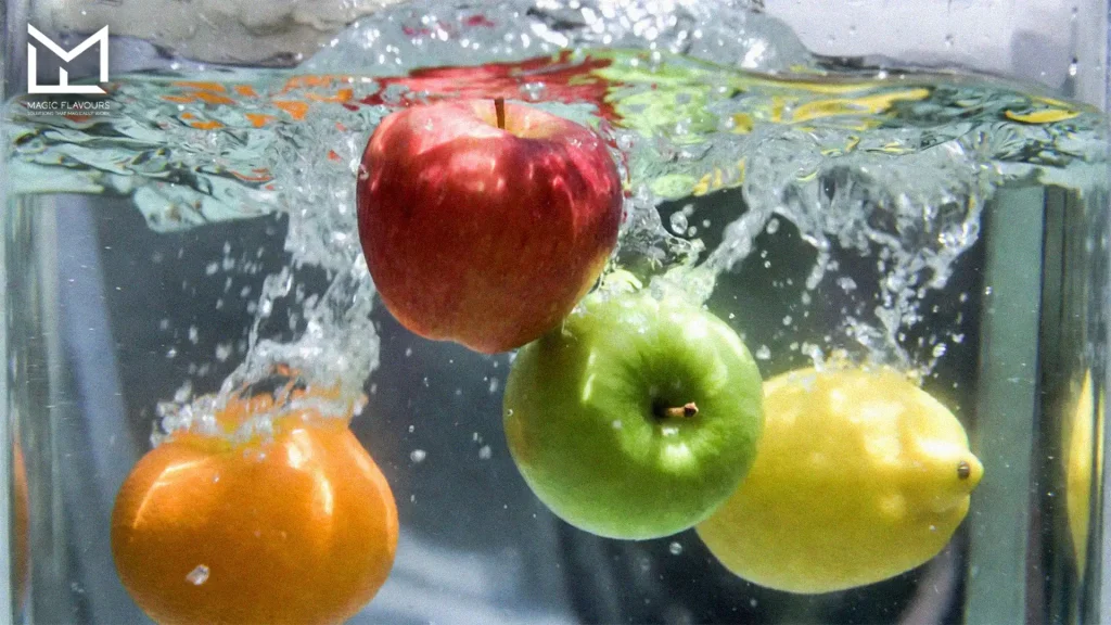 fruits like apple and orange in the water 