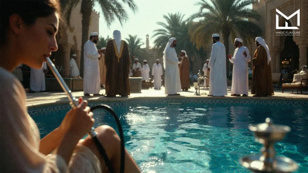 a girl sitting next to the pool and enjoying the hookah 