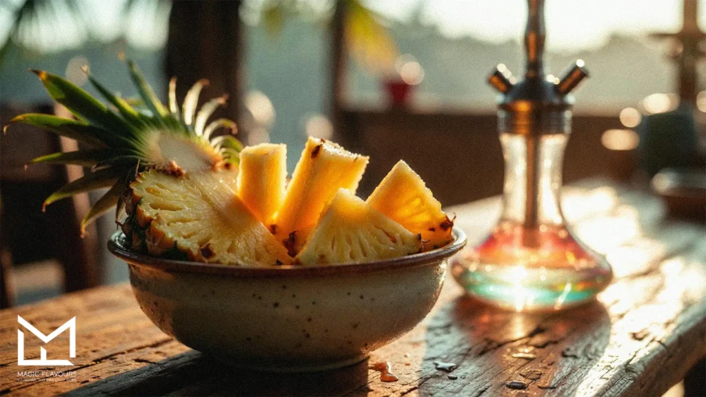 pineapples in the bowl and tutti frutti hookah on the table 