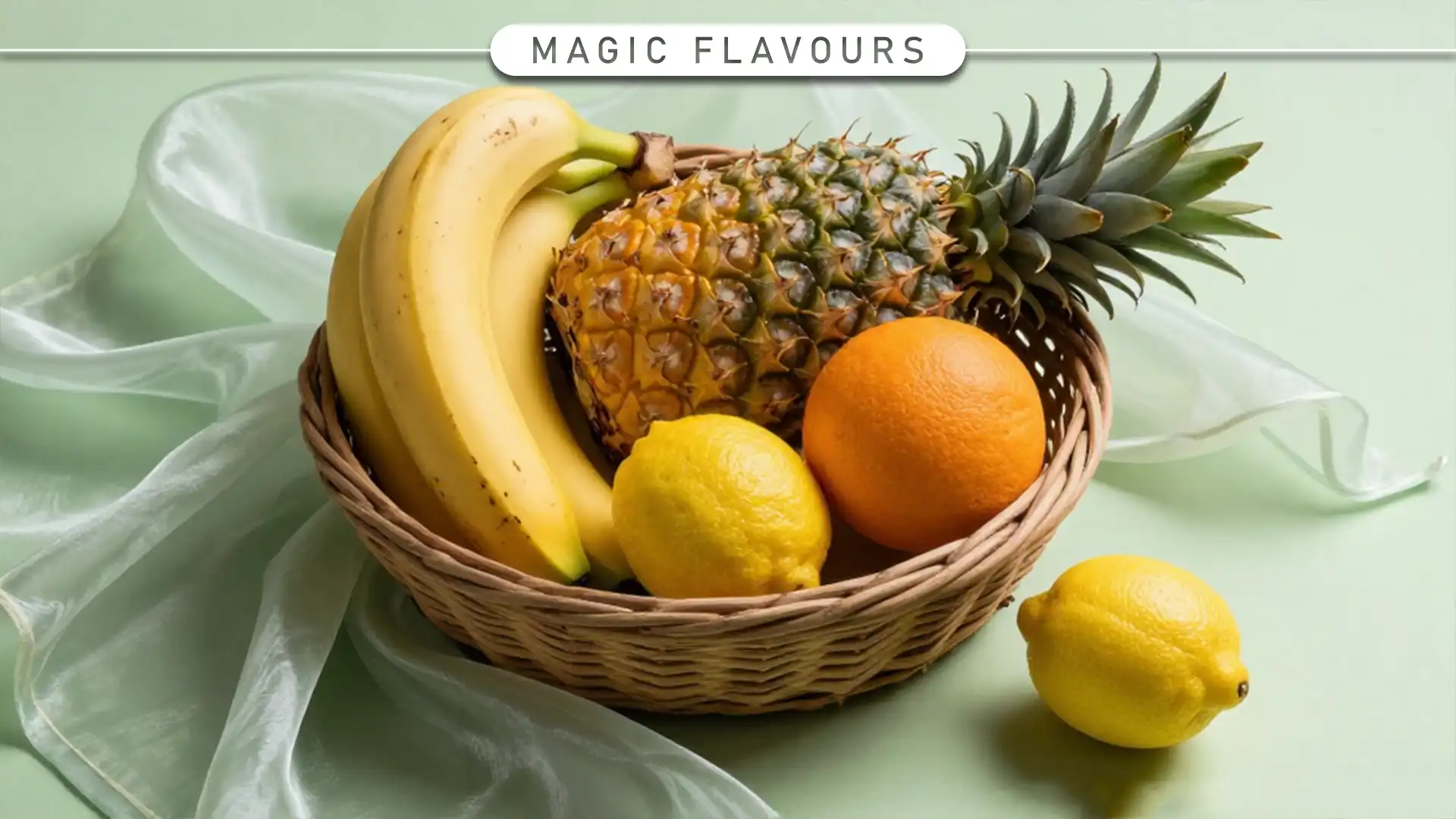 banana, orange, lemon, and pineapple in the bowl