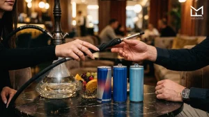 Guests enjoying hookah with energy drink shisha flavor in a lounge, highlighting repeat customer appeal.