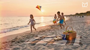 Beach picnic at sunset illustrating the nostalgic appeal of the energy drink shisha flavor.