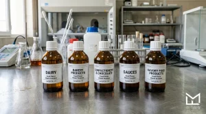 Row of food flavor essence bottles for dairy, bakery, confectionery, sauces, and savory applications