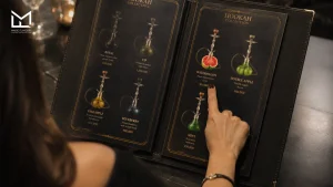 Hookah menu featuring popular fruit shisha flavours including double apple, watermelon, grape, and mint