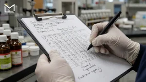 Lab technician recording sensory evaluation scores for shisha cooling agent performance testing at Magic Flavours