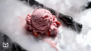 Strawberry ice cream scoop with fresh strawberries beside a hookah pipe, one of the ice cream shisha flavors from Magic Flavours