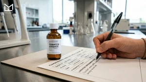 Lab analyst recording custom flavor development notes for Tobacco Essence at Magic Flavours