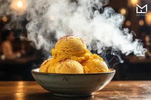 Bowl of saffron ice cream with hookah smoke in a lounge setting, one of the ice cream shisha flavors from Magic Flavours