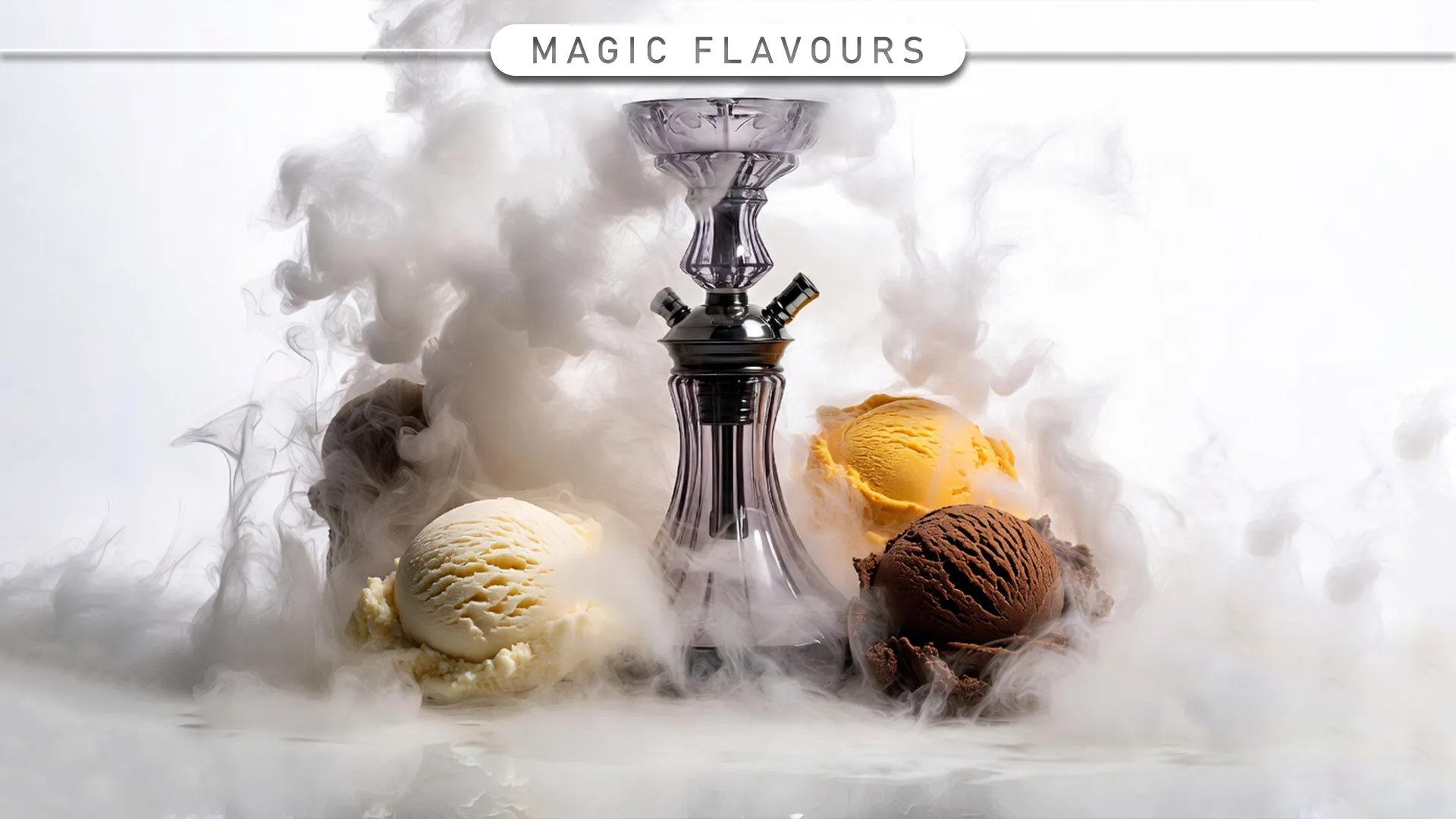 Vanilla, saffron, and chocolate ice cream scoops beside a hookah with rising smoke, representing ice cream shisha flavors