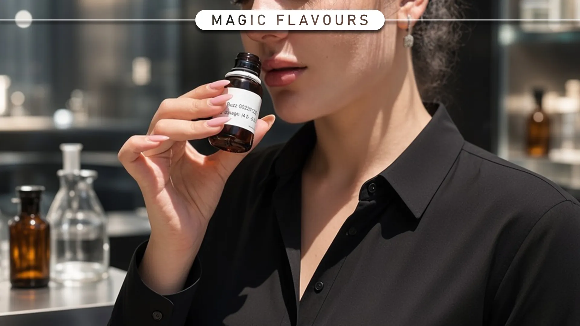 Flavorist evaluating a flavor sample in a laboratory during flavor manufacturing quality control