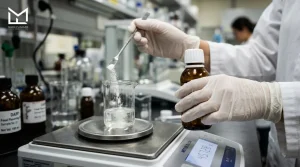 Lab technician weighing flavor ingredients on a precision scale for batch consistency testing