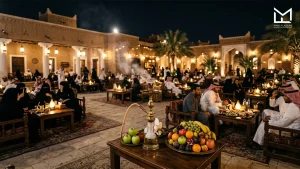 Fresh fruit platter with traditional hookah at a Saudi Arabian majlis, representing fruit and traditional shisha flavor families