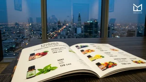 Premium shisha flavor product catalogue showing retail flavor listings against a Riyadh skyline