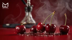 Fresh cherries with water droplets beside a hookah, representing a cola cherry shisha flavor combination
