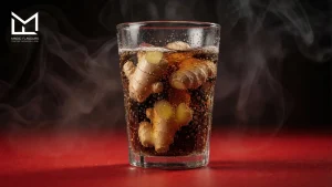 Fresh ginger root pieces in a glass of cola with rising steam, representing a cola ginger shisha flavor combination