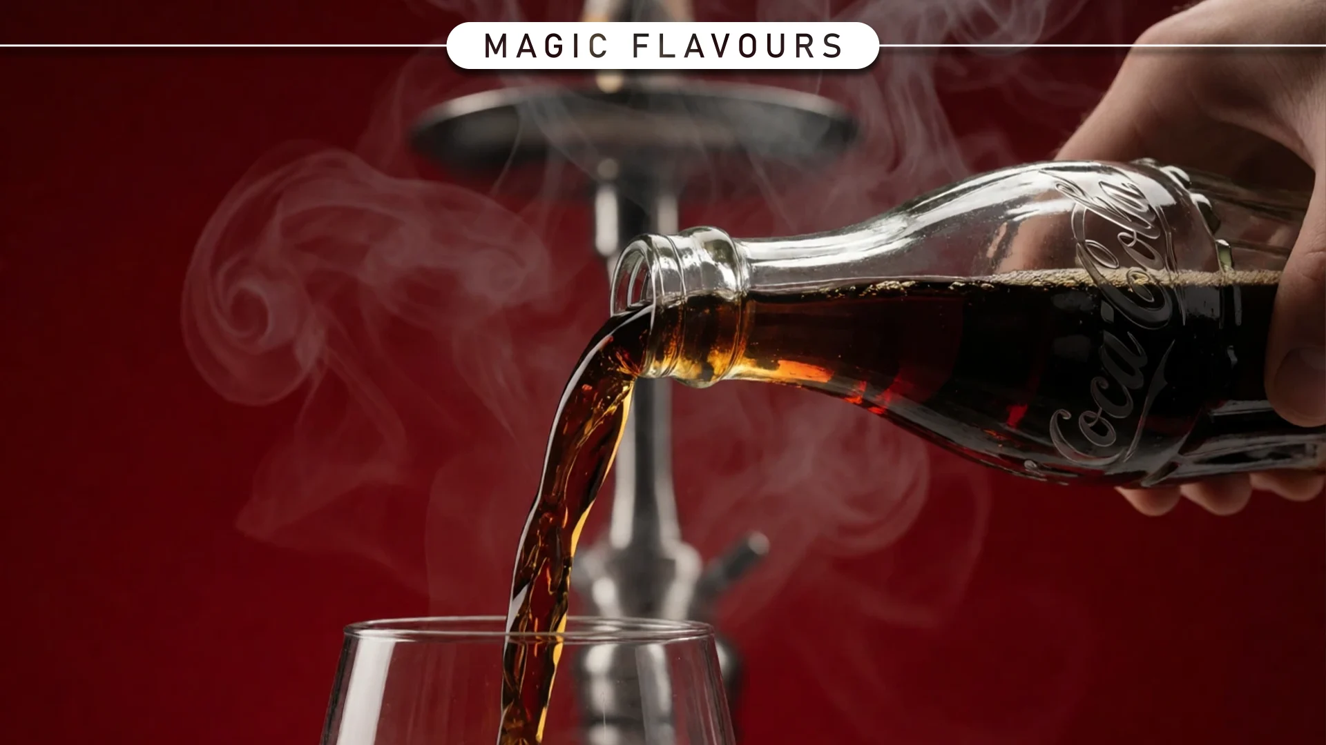 Cola pouring into a glass beside a lit hookah with rising smoke, representing a cola shisha flavor
