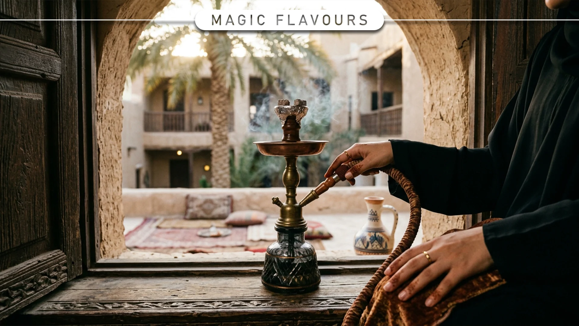 Traditional hookah with Middle Eastern courtyard view, representing shisha flavor trends in Saudi Arabia