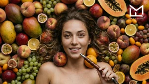 Woman lying among peaches, grapes, mango, papaya and citrus while holding a hookah mouthpiece