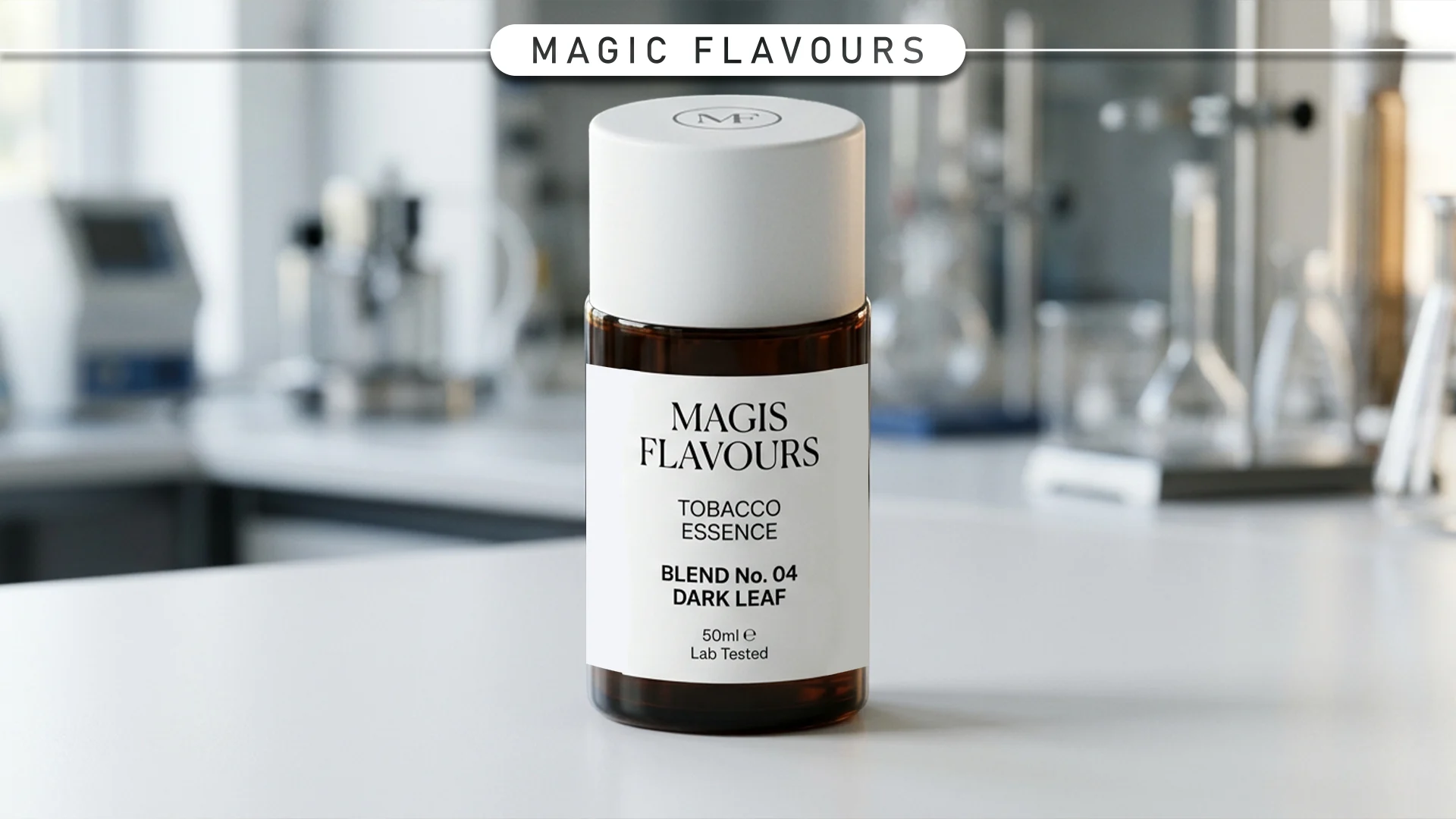 Amber bottle of Magic Flavours tobacco essence in a lab, showing what makes authentic shisha flavors taste more real