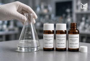 Gloved hand holding a lab flask next to three amber bottles of tobacco essence flavor concentrates: Classic Tobacco, Dark Virginia, and Oriental Blend