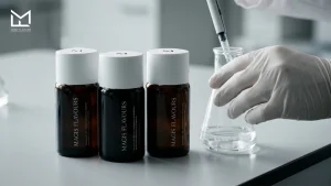 Lab technician in gloves pipetting liquid into a flask beside three amber bottles of shisha flavor concentrate